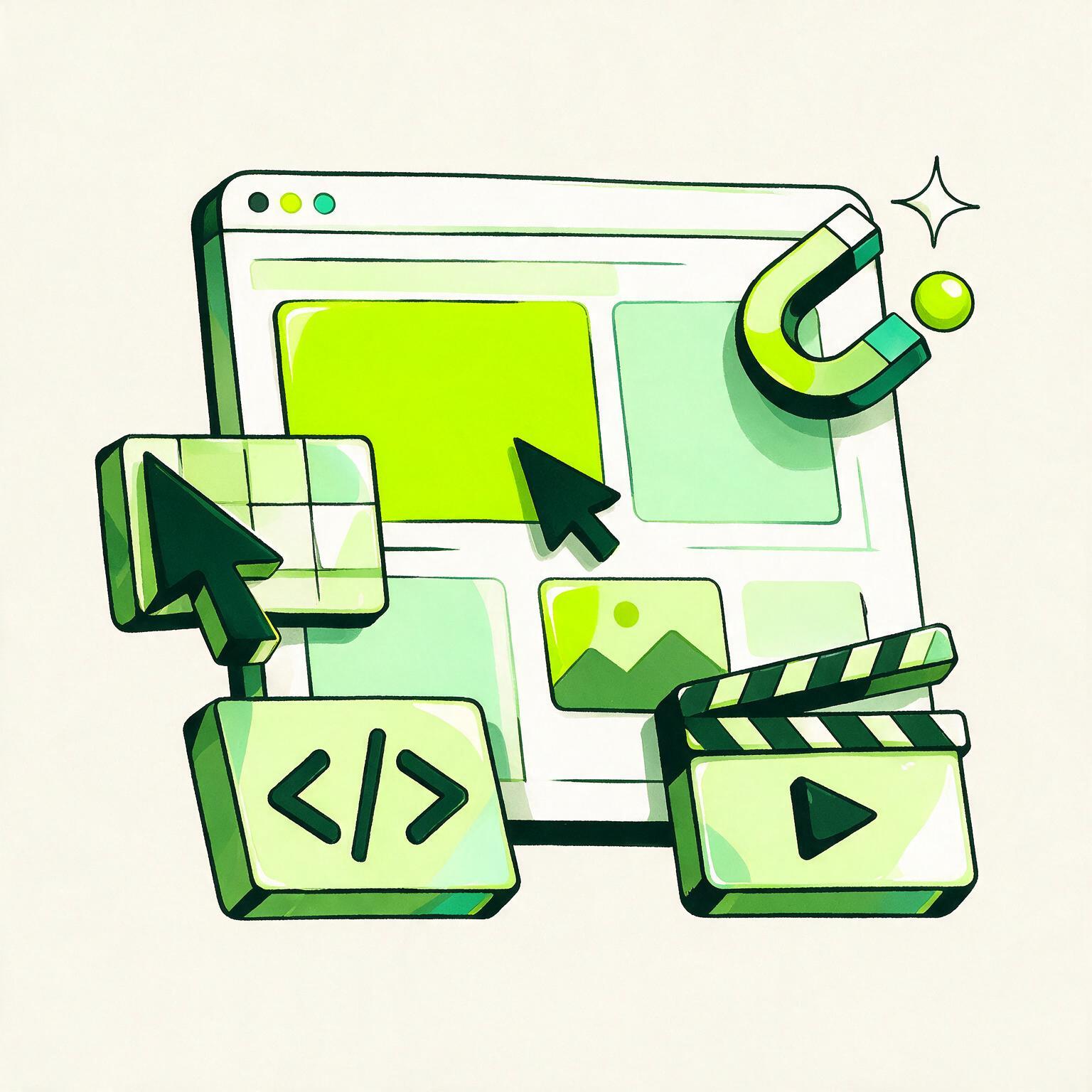 Editorial illustration of a conversion-focused website with supporting design, development, and growth tools